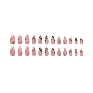 Pink floral and leopard print almond press-on nails set with long glossy fake nail tips