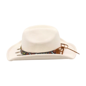 Detail of western cowboy hat with ethnic geometric band and silver leaf pendants