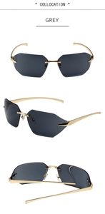 Three-angle view of rimless sunglasses with grey lenses and slim gold metal temples