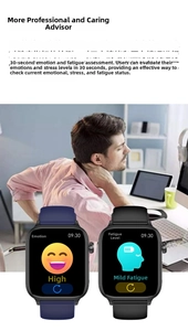 Detail view of ET570 smartwatch interface showing mood and fatigue tracking on dual color models