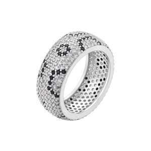 Macro shot of wide band ring with black flower pavé cubic zirconia and silver finish