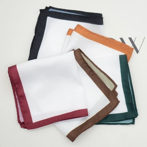 Set of 5 white silk pocket squares with colorful contrasting edges for men's suits
