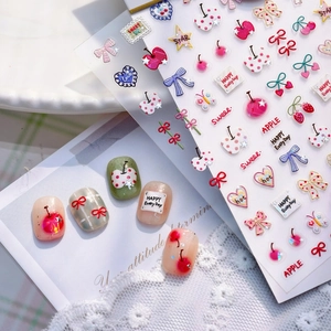 Sweet fruit and bow nail art stickers with cherry apple motifs for girls