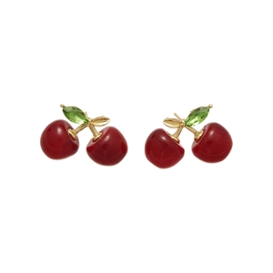 Elegant cherry stud earrings with red glaze, gold stems and green crystal leaves