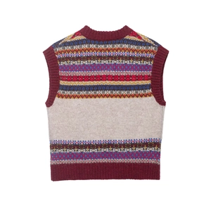 Women vintage Fair Isle knit vest with geometric jacquard pattern in burgundy and grey