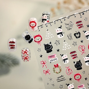 Adesivi per unghie natalizi con gatti, pupazzi di neve e glitter argento per nail art