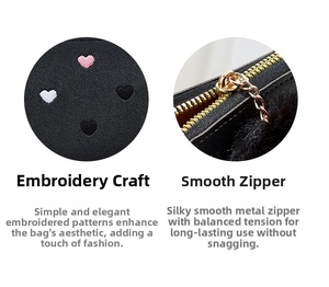 Detail of heart embroidery and gold metal zipper on black plush mini purse wallet