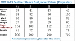 Size chart for feather cuff blazer and pants set including shoulder and bust dimensions