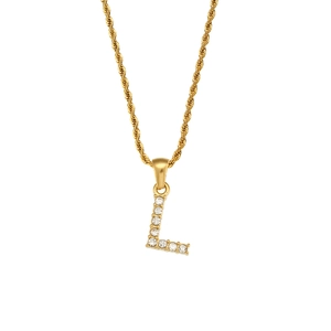 Macro detail of golden letter L pendant necklace with zircon and twisted rope chain