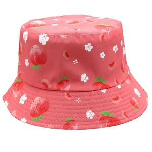 Chapeau bob rose à motifs de pêches et fleurs blanches pour protection solaire
