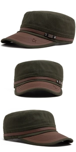 Detailed views of army green military cap with leather brim and star stitch detail