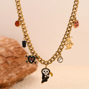 18K gold plated Cuban chain necklace with Halloween ghost and pumpkin charms