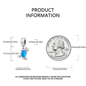 Size information for crab charm showing 13.5mm height and 10.6mm width next to a US quarter