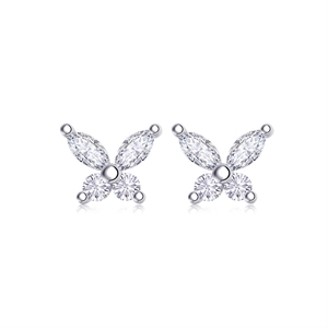 Detail view of silver butterfly stud earrings with sparkling marquise cut cubic zirconia