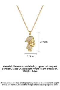 Detailed close-up of a gold praying girl pendant with cubic zirconia and titanium steel chain