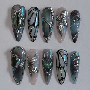 Long Stiletto Press On Nails Cat Eye 3D Butterfly Gothic Y2K Metallic Silver Art False Nails For Women