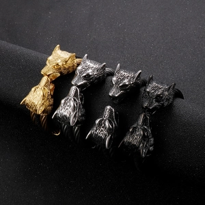 Wolf head stainless steel woven cable bracelets in gold, silver and gun black finishes