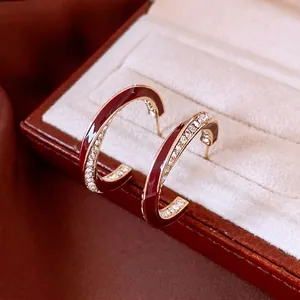 C-Shaped Hoop Earrings Red Enamel Gold Plated Copper With 925 Sterling Silver Earring Post Zirconia Exquisite Fashion