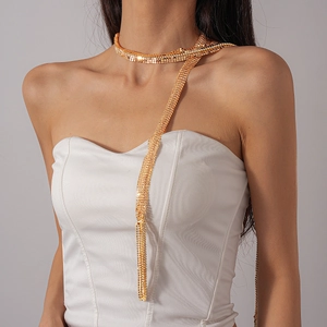 Detail of a golden mesh tassel necklace with long fringe on a model wearing white top