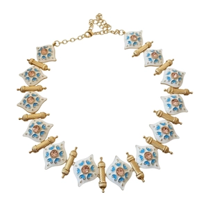 Vintage gold necklace with pink rhinestones and blue heart diamond-shaped accents