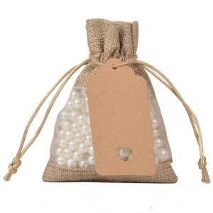 Linen drawstring gift bag with clear window, heart-shaped kraft tag and white pearls