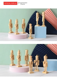 Close-up of six unpainted 13cm wooden nutcracker ornaments with natural grain details