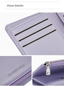 Detail view of purple leather purse interior with card slots and a silver metal zipper