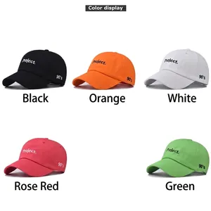 Cotton baseball caps with Project embroidery in black, orange, white, rose, and green