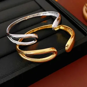 Open Cuff Bracelet Copper Real Gold Plated Minimalist Teardrop Hollow Geometric Adjustable Bangle For Women