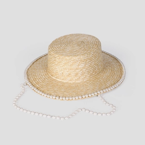 French Vintage Boater Hat Natural Wheat Straw Wide Brim With Artificial Pearl Trim And Chain Strap Elegant Summer Sun Protection Women