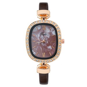 Women's rose gold oval watch with crystal bezel and brown marble dial on white background