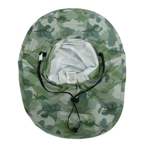 Detail of kids sun hat with dinosaur camo print, breathable mesh lining and neck flap