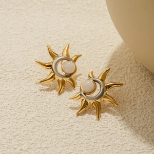Luxurious sun and moon stud earrings in bicolor titanium steel with opal inlay