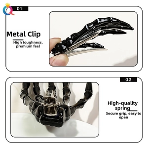 Detail view of the black skeleton hand hair clip with metal spring and duckbill mechanism