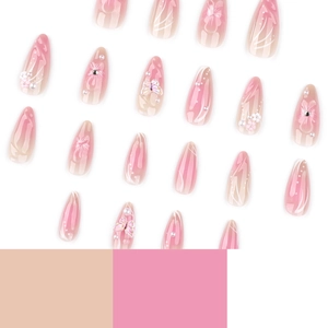 Pink gradient almond press-on nails with 3D 3D flowers, pearls and butterfly charms