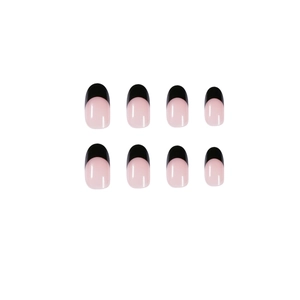 Faux ongles French nude et noir minimalistes à coller, finition brillante, lot de 8