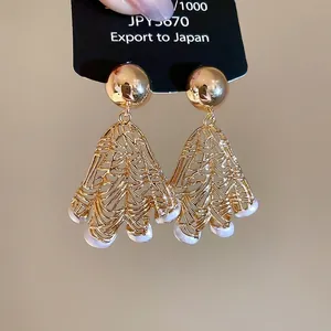 Fan Shaped Hollow Drop Earrings With Imitation Artificial Pearl And 925 Sterling Silver Earring Post Vintage Geometric For Women
