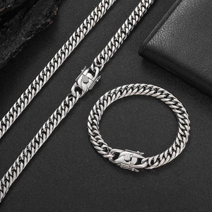 Detailed close-up of 9mm silver Cuban link chain necklace and bracelet set with box clasp