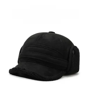 Detail of winter baseball trapper hat with warm faux shearling lining and ear flaps