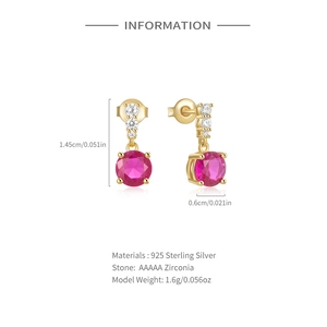 Detailed view of 925 sterling silver gold earrings with pink zircon and white stones