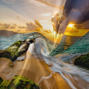 Gros plan détaillé de la tapisserie bohème avec imprimé coucher de soleil et vagues