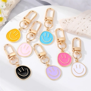 Alloy Colorful Enamel Smiley Face Keychain Gold Plated Round Smile Expression Bag Pendant Accessory For Women Girls Gift