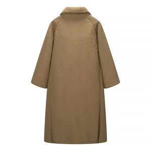 Back view of a loose-fitting long cotton coat in khaki with a casual lapel design