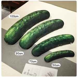 Detailed size comparison of green cucumber plush pillows in four different length options