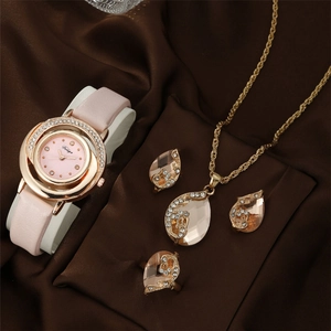 Luxury Rhinestone Women's Watch Jewelry Alloy Quartz Watch Water Drop Necklace Earrings Ring PU Leather Strap Fashion Accessories