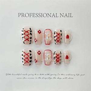Handmade Press On Nails Long Coffin Cow Print Red Ribbon 3D Iridescent Bear Heart Sweet Cool Y2K False Nails For Women