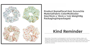 Detailed view of floral organza scrunchies in four colors with size dimensions 10x10x1cm
