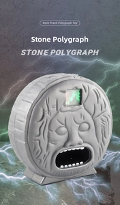 Macro detail of Stone Polygraph with Mouth of Truth design and lightning effects