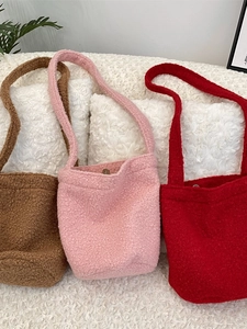 Women Plush Bucket Bag Teddy Fleece Large Capacity Winter Casual Shoulder Crossbody Bag Soft Warm Handbag