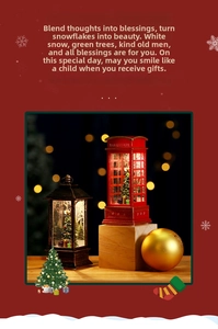 Close-up of Santa Claus telephone booth and lantern with warm LED light and snow scene